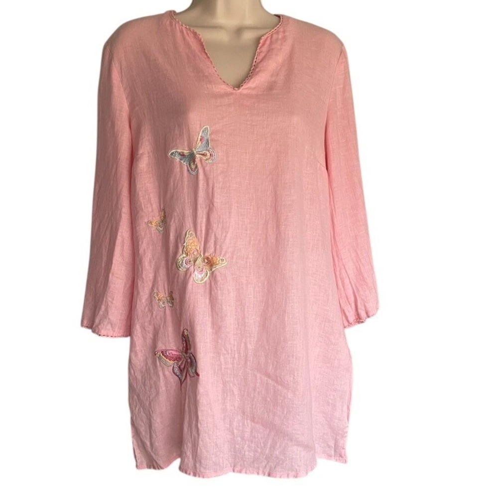 Alexandra Bartlett Linen Tunic Top Pink Embroidered Butterfly Resort Boho L - Picture 3 of 9
